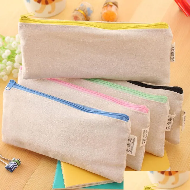 Sacs à crayons Toile vierge Étuis à fermeture éclair Pochettes pour stylos Coton Cosmétique Maquillage Mobile Téléphone Pochette Organisateur Drop Delivery Office Scho Dhvq1