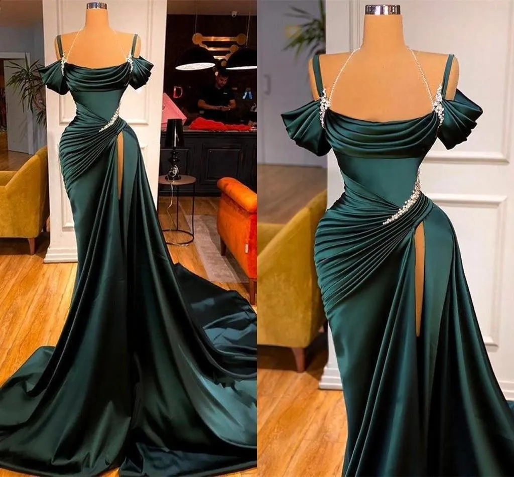 Prom Party Gown Mermaid Evening Dresses Off-Shoulder Spaghetti Floor-Length Sweep Train Beaded Crystal Satin long Thigh-High Slits Sexy