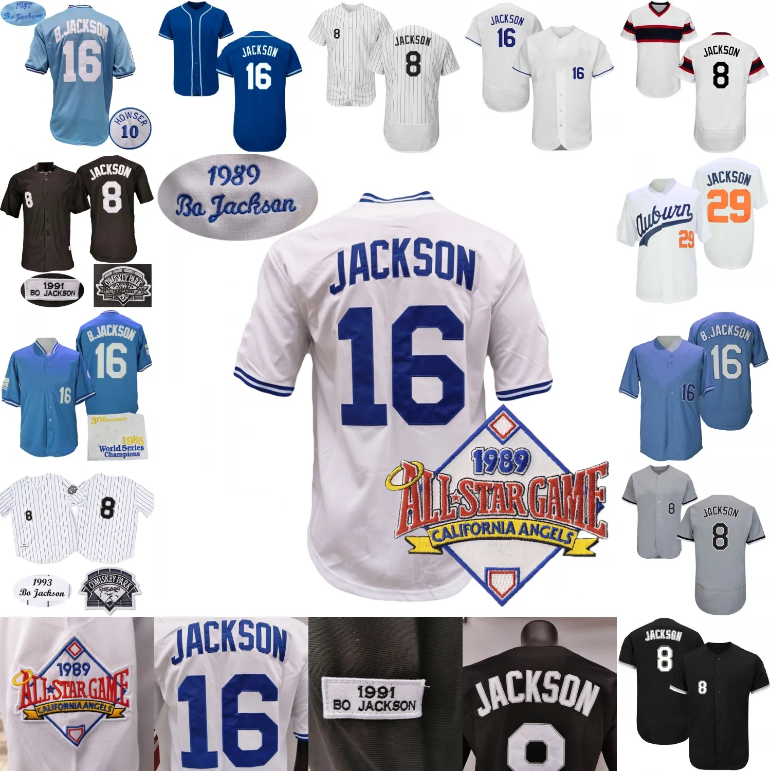 Bo Jackson Jersey 1989 ASG Patch 1985 Turn Back Blue 1987 1989 1991 1993 Cooperstown Black Pinstripe Grå Vit Blå Pullover Storlek S-3XL