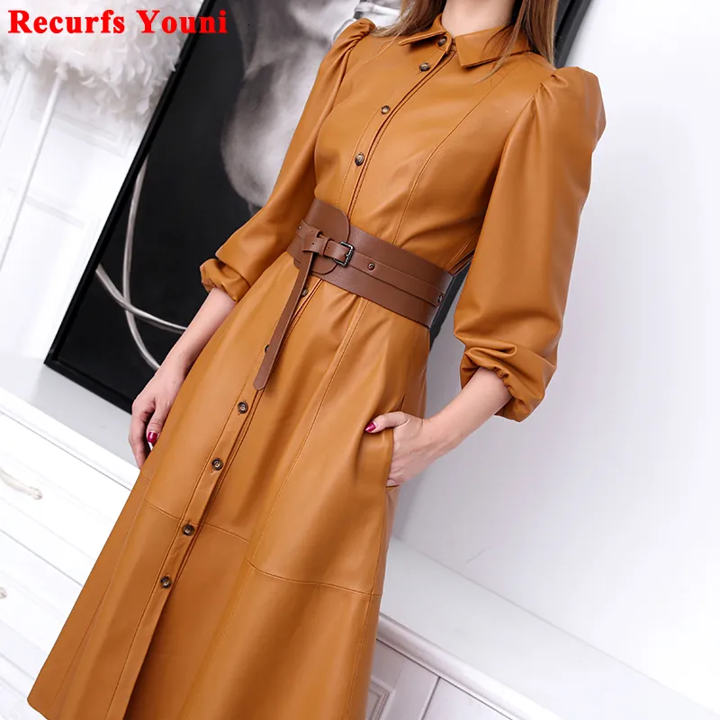 Casual Dresses Premium Custom Leather Dress Women's Winter Women's French Puff Long Sleeve Single Breast Jacket 230330
