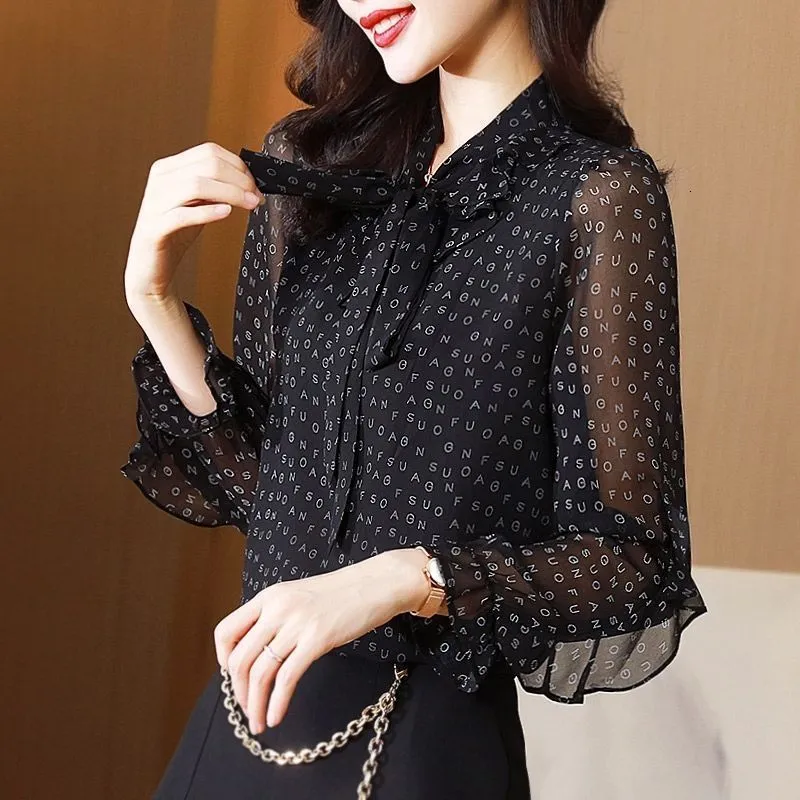 Women's Polos Bow Chiffon Shirt Springautumn Loose Long Sleeve Blouse Bottoming 5XL 230330