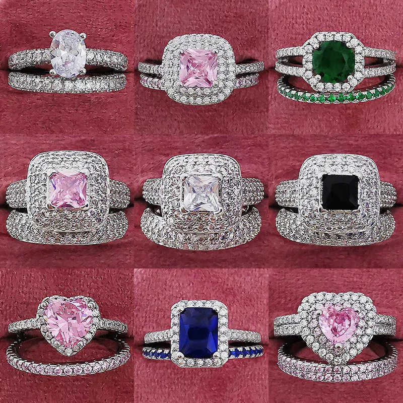 Solitaire Ring 2023 Novo Luxo Blue Green Silver Color Engagement Conjunto de casamentos para mulheres Bride Lady Lady Lady Love Bohe Designer Jóias R3400 Y2303