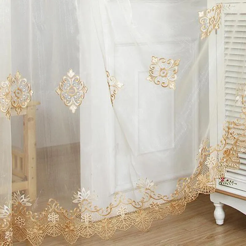Curtain Beige Yellow Luxurious Lace Fringe Embroidered Sheer Window Door Tulle For The Living Room Kithchen Drapes