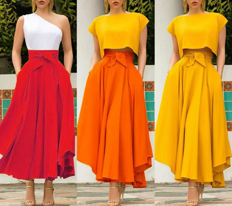 Jupe couleur unie taille haute une ligne jupe mode mince nœud ceinture plissée longue Maxi jupes rouge Orange jaune été 230330