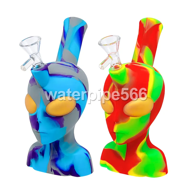 Hookahs 8inches Silicone Alien Face Water Pipes with glass bowl smoke accessory dab oill rigs for wholesale