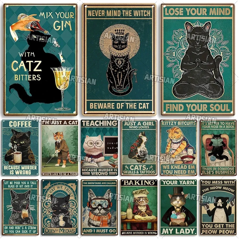 Retro Black Cat Art Målning Metal Plack Vintage Funny Pet Poster Garage Bar Club Kitchen Man Cave Home Wall Decor Plate 30x20cm W03