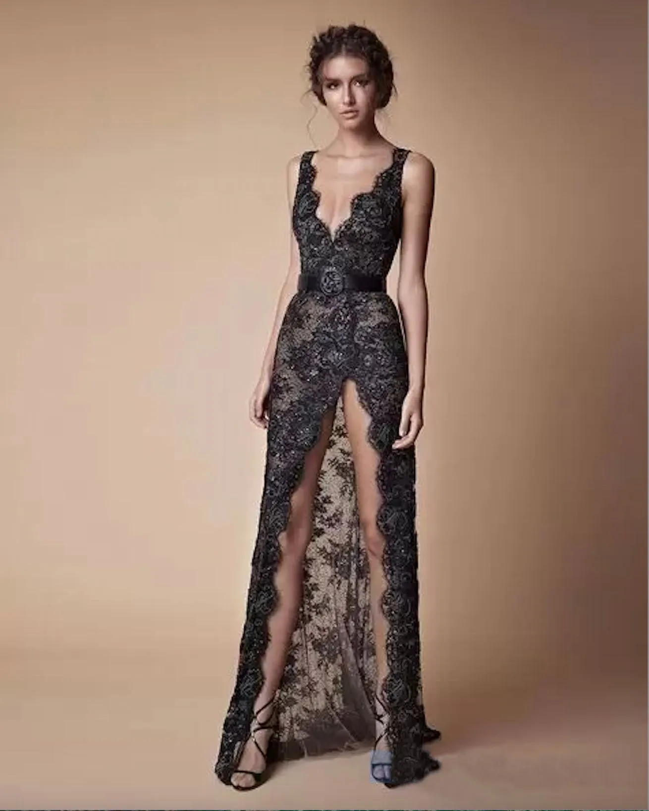 Black Lace Floor-Length Black Lace Evening Dress with V-Neck and Sweep Train - Customizable Black Lace Floor-Length Black Lace Evening Dress with V-Neck and Sweep Train - Customizable