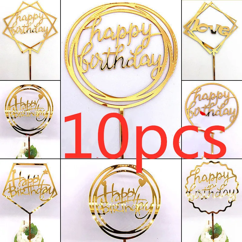 Andra evenemangsfestleveranser 10 st 36 Styles Happy Birthday Cake Topper Pink Gold Acrylic Toppers Baby Shower Flag Decorations 230330