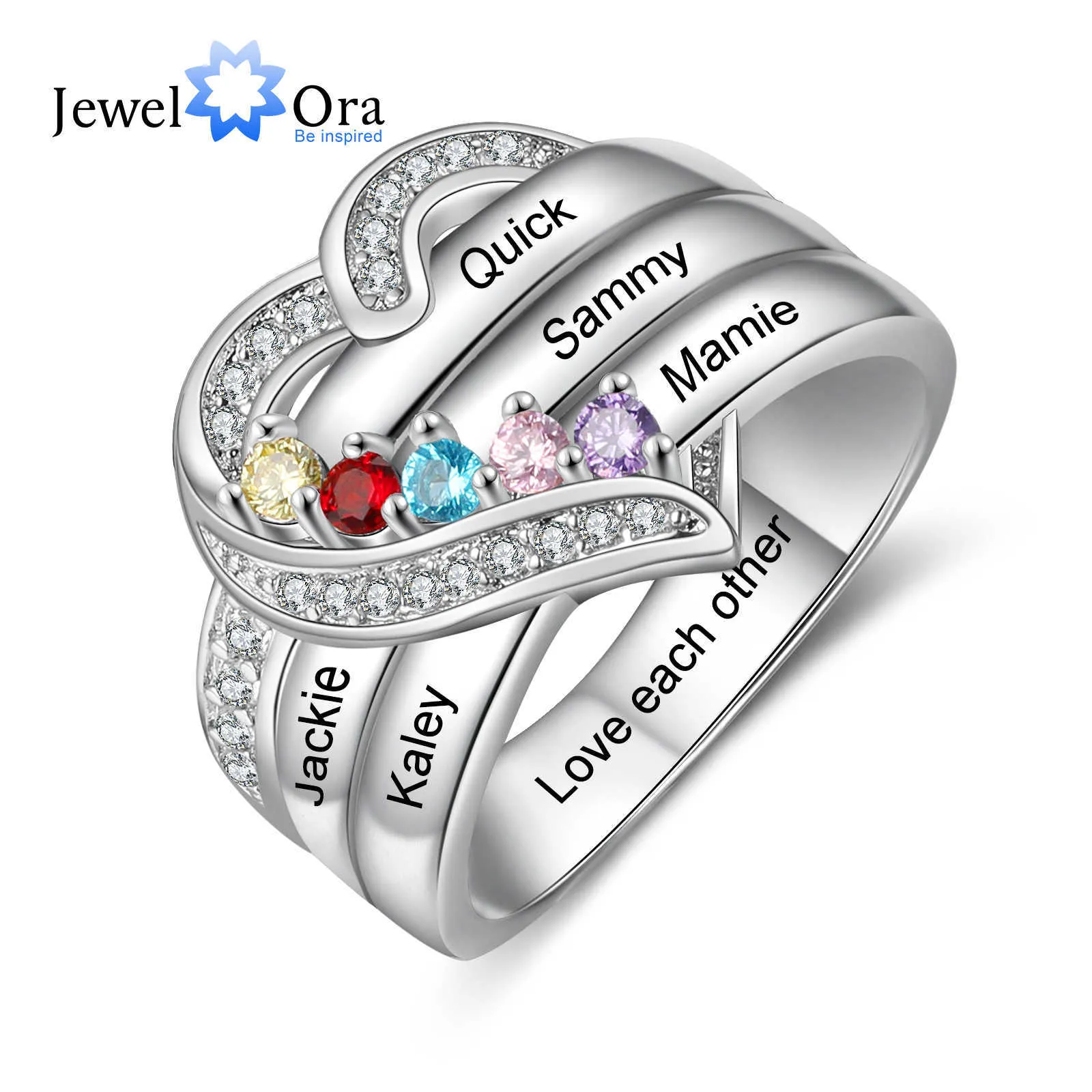 Solitaire Ring 925 Sterling Silver Personalized 1-8 Name Engraved with Birthstone Custom Engagement Heart s for Women Mothers Day Gift Y2303