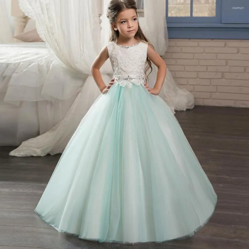 Girl Dresses Mint Flower For Weddings Ball Gown Tulle Appliques Lace Beaded Long First Communion Little