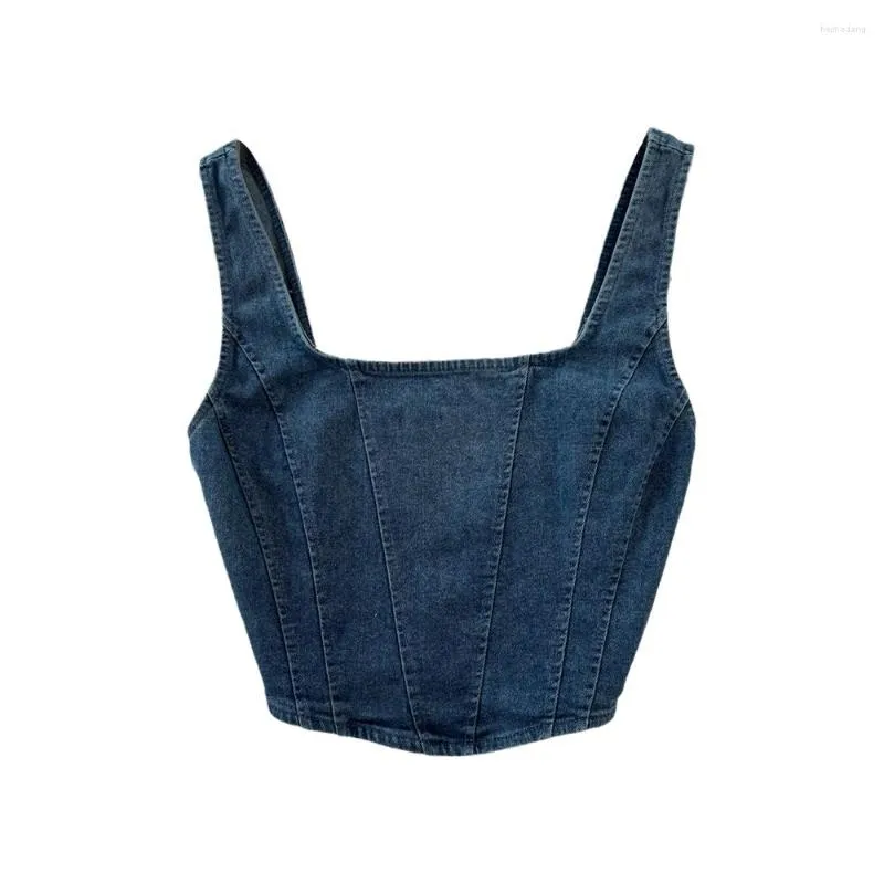 Débardeurs pour femmes Amolapha Femmes Summen sans manches Denim Vest Fashion Crop Slim-fit Short Tops