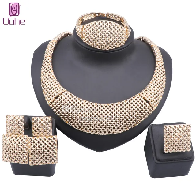 Italian Gold Color Necklace Earrings Bangle Ring Set For Women Wedding Party Gifts Jewelry Set
