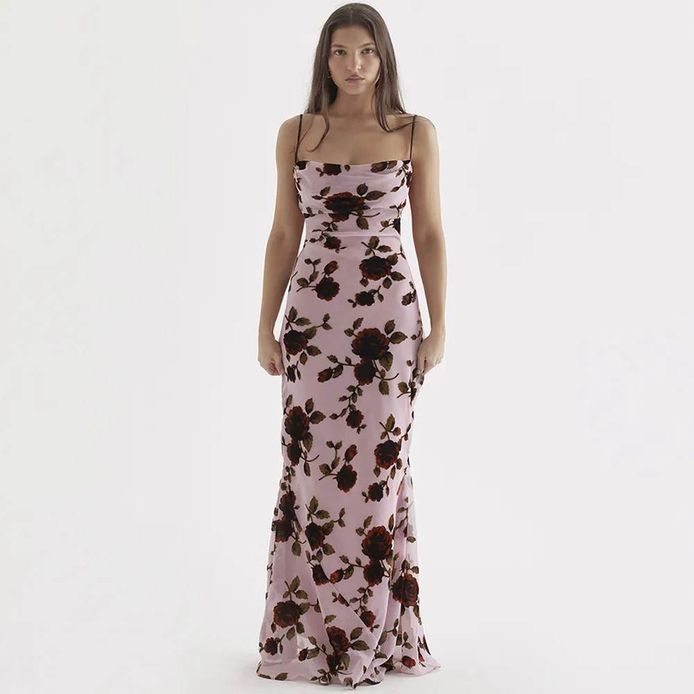 Elegante vestido maxi sin espalda con estampado floral para mujer Nuevo vestido largo sexy de malla elástica sin tirantes con cordones para fiesta de vacaciones