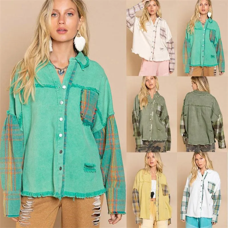 Women's Jackets Women's Vintage Plaid Stitched Holes Loose Denim Coat Check Jacket Bohemian Style Lightweight Summer Women