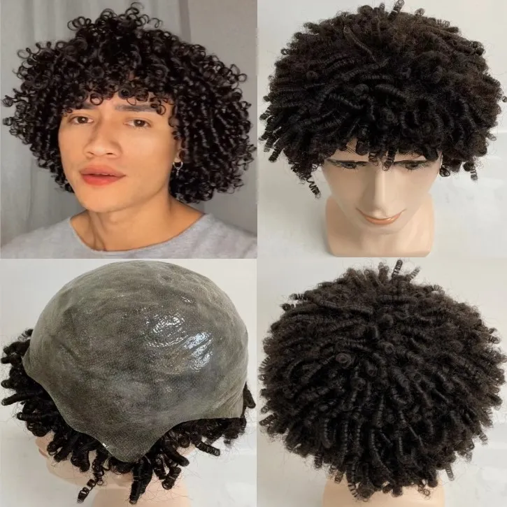 15mm Curl Full PU Wigs Brazilian Virgin Human Hair Natural Color 0.08mm Thin Skin Medium Cap Medical Wig for Black Woman