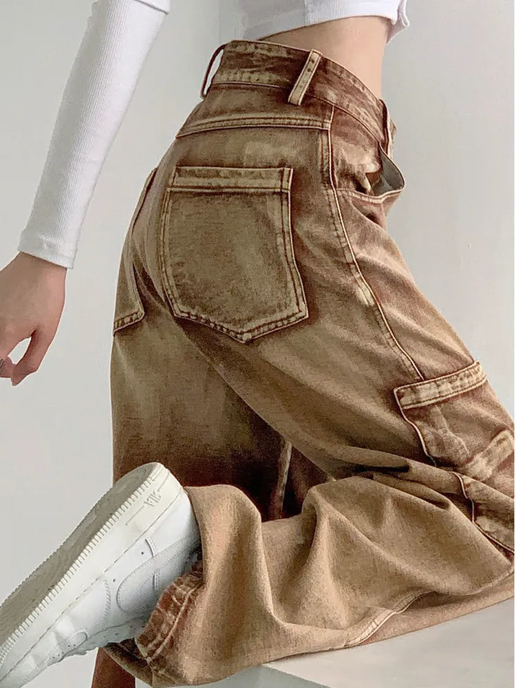 Damesjeans Y2K Bruine Cargo Pant Vintage Grunge High Taille Baggy Streetwear Wide Been Losse denim broek Vrouw 230330