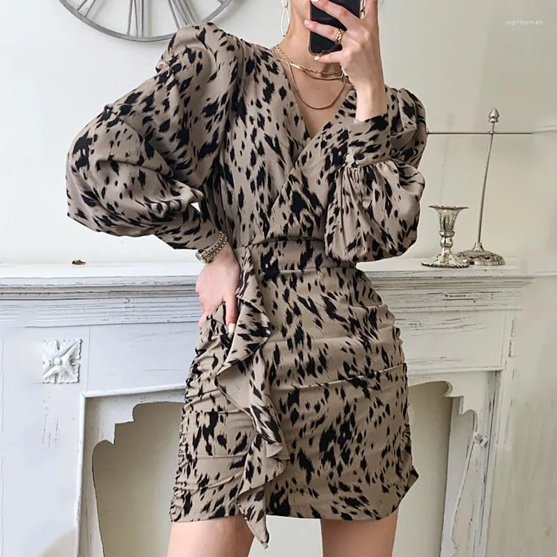 Casual Kleider Leopard Printed Chiffon 2023 Frühlings-Frauen Chic Sexy V-Ausschnitt mit Gürtel Vintage Langarm Short Mini Dress Mujer Vestidos