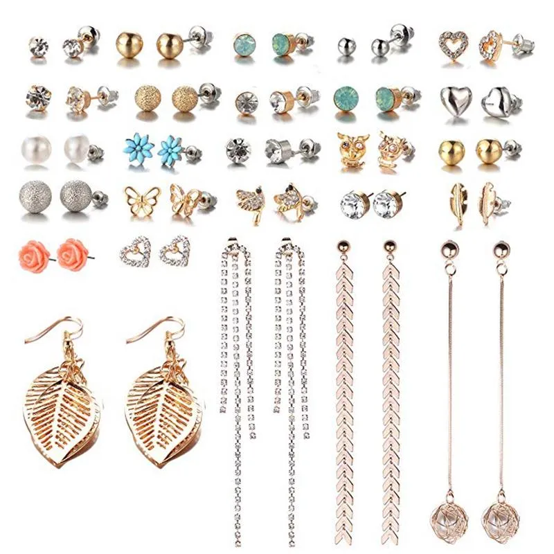 Stud Earrings DANZE 26 Pairs/lot Fashion Gold Leaf Bird Butterfly Crystal Flower Earring Set For Women Pendant Sweet Romantic Style