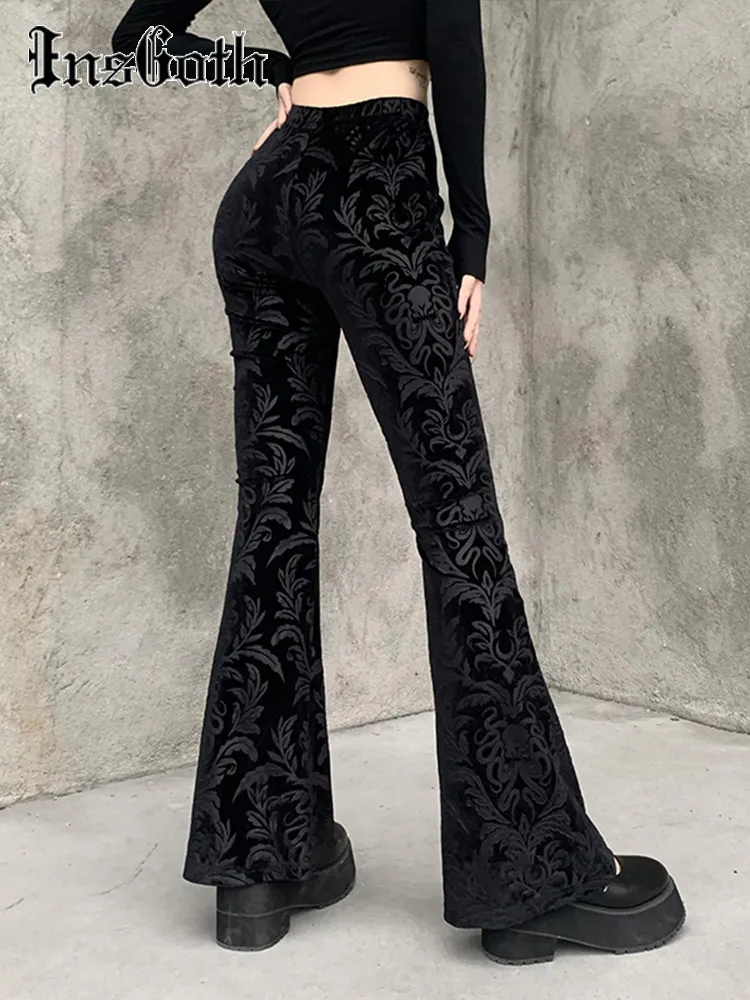 Women's Pants Capris InsGoth Retro Gothic Print Black Pants Goth Harajuku High Waist Flared Pants Gothic Aesthetic Punk High Waist Women Trousers 230330