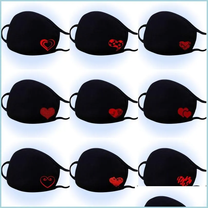 Designer maskers Valentijnsdag gezicht katoen rood hart gevormd gedrukt zwart herbruikbare stofdichte warme druppel