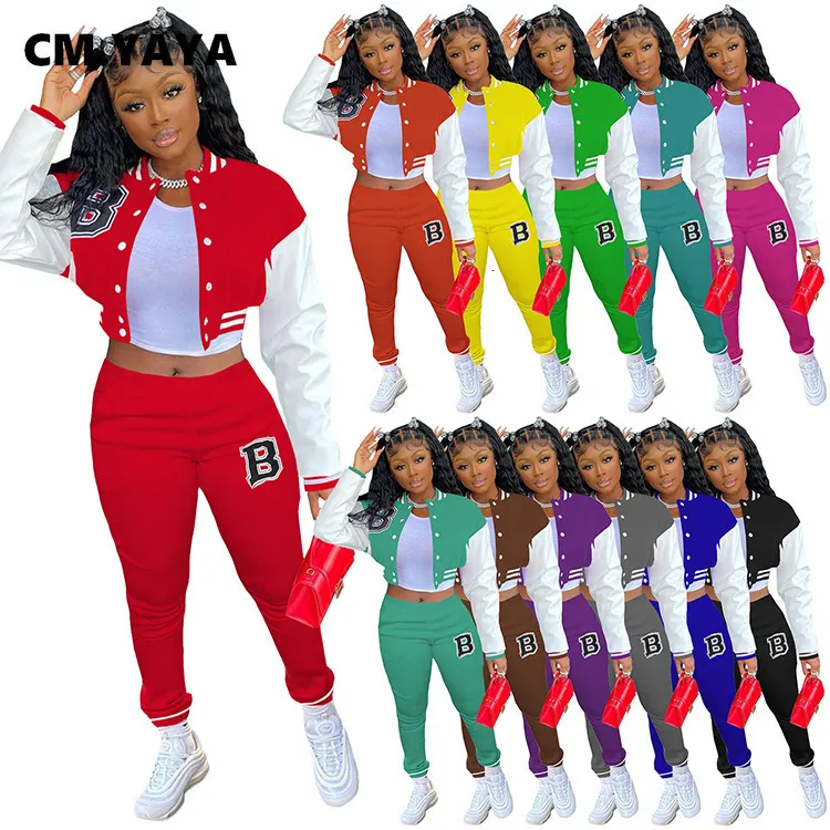 Tweedelige broek voor dames cm.yaya Letter B Baseball dames tracksuit jas met één borsten en trainingsbroek overeenkomend met twee 2 -delige set outfits sweatsuit 230330