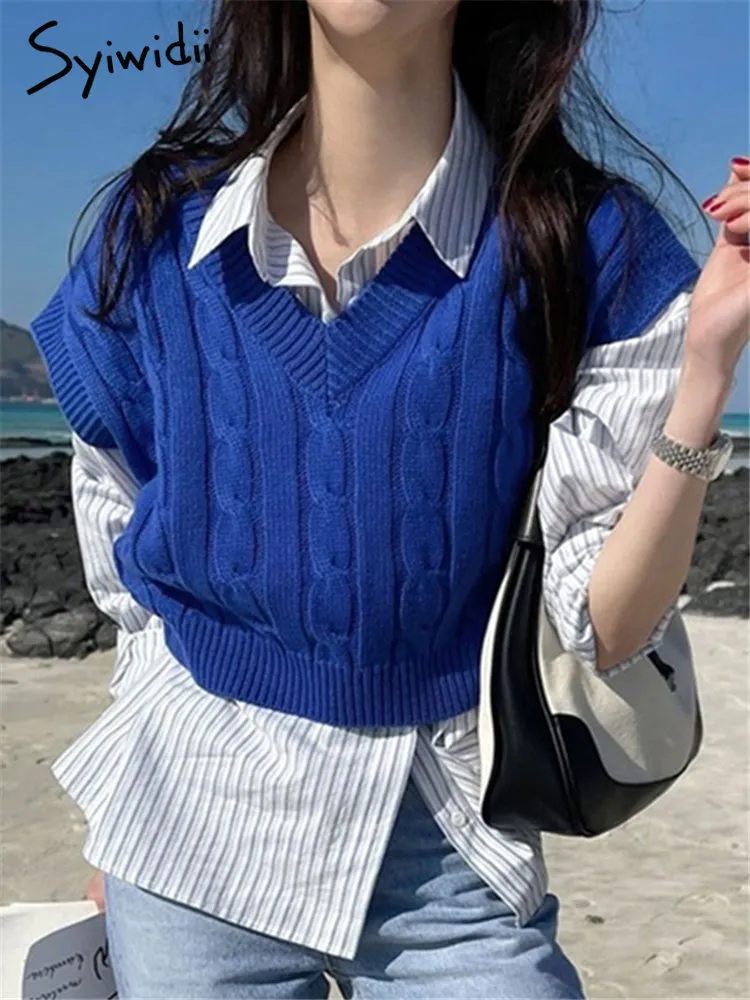 Kvinnors västar Syiwidii ​​Vintage Tank Top Sweater Criss Cross Sleeveless Women's Tank Top Korean Fashion Autumn Winter V-hals Y2K Sticked Top 230330