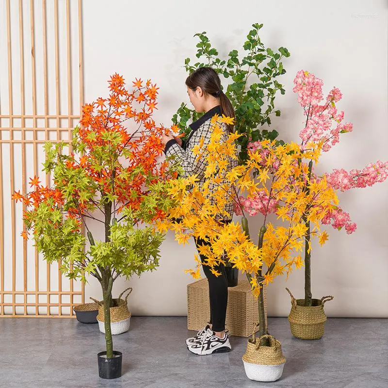 Fiori decorativi Artificiali Albero di acero rosso Pianta bonsai in vaso con foglie di ginkgo per la casa Soggiorno Giardino Ristorante Ornamento da pavimento