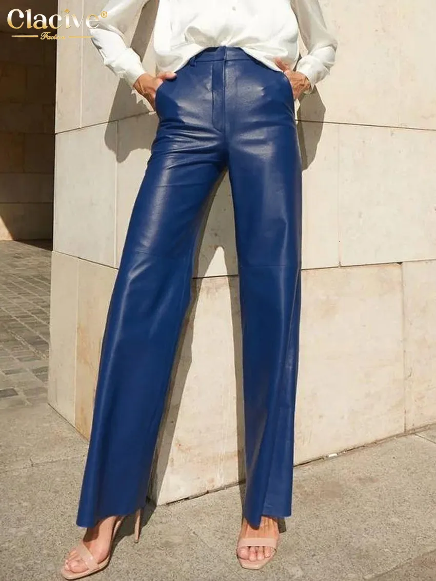 Women's Pants Capris Clacive Fashion Blue Pu Leather Women'S Pants Elegant Slim High Waist Straight Trousers Streetwear Pantalones Female Clothing 230330