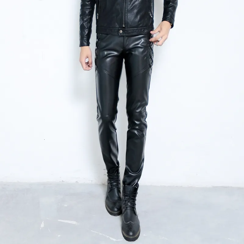 Men's Jeans Pants Autumn Winter Pu Leather Plus Fleece Windproof Warm Male Pencil Casual Slim Black 2736 Mens 230330