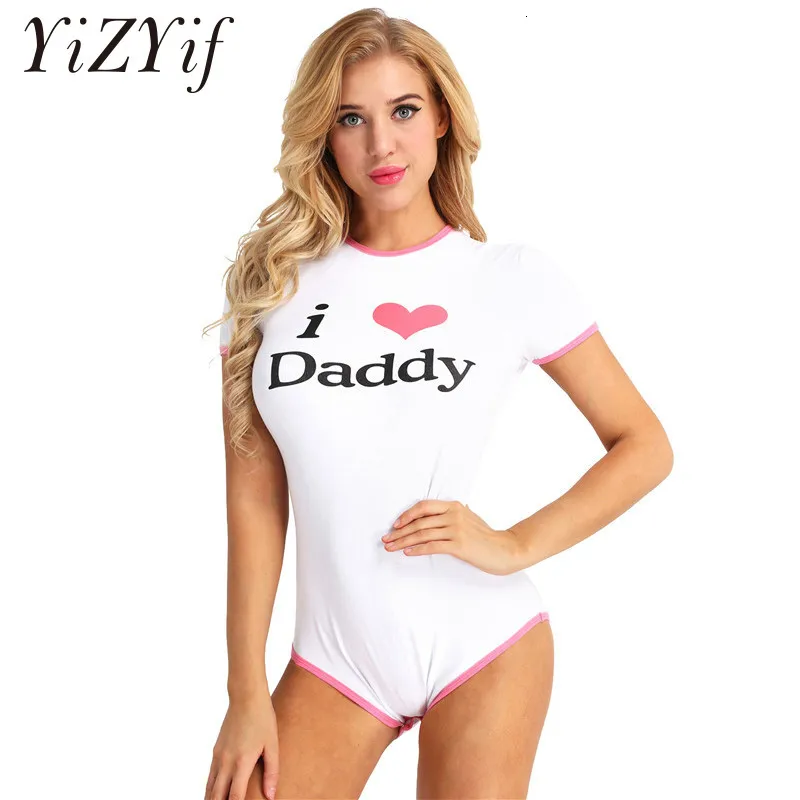 Mumins femininos Rompers Yizyif Women Leopard Bodysuit Nappy Club Clube Sexy Amante Pijamas I Love Daddy Costume 230329