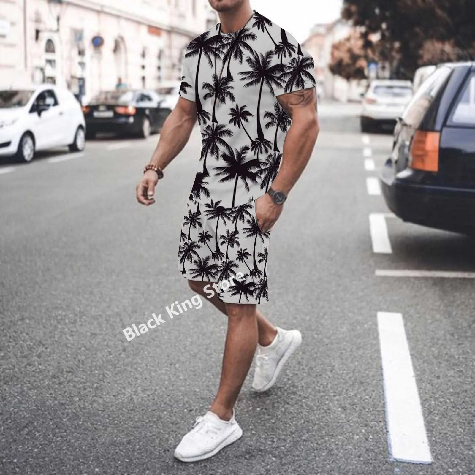 Męskie dresy, zwykły garnitur przyczynowy krótki rękaw Summer Maple Leaf Beach Shorts Sportswear 2 -częściowy zestaw dla mężczyzn odzież 230330