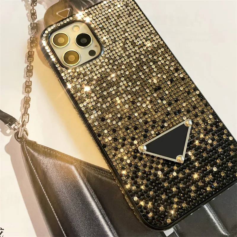Mode Lichte Luxe Designer Apple 14 Telefoon Covers Waterdicht Gsm Case Volledige Strass Zwart Metaal Triangle14 Pro Plus Cover