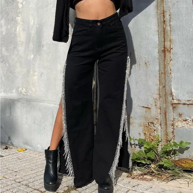 Jean en jean en denim de jambe large de la jambe de diamant a fente haute fente pour femmes