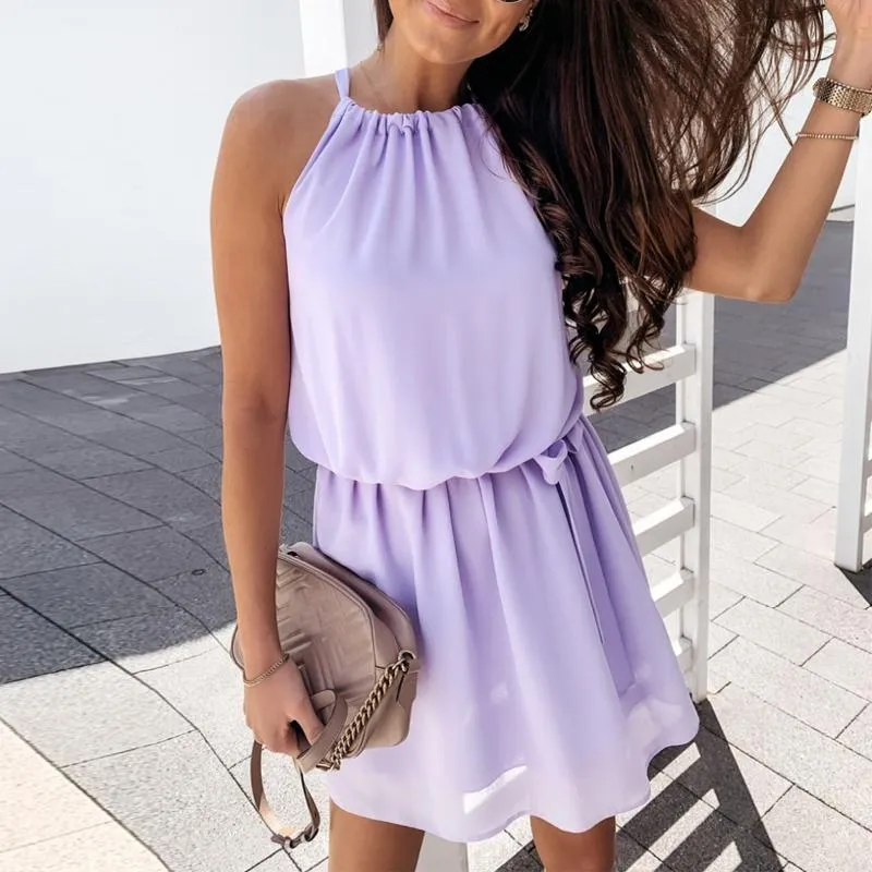 Casual Dresses Summer Halter Solid ärmlös klänning Chiffon 2023 Kvinnor Lossa A-Line Vestidos Lace Up Purple Mini Beach sundress