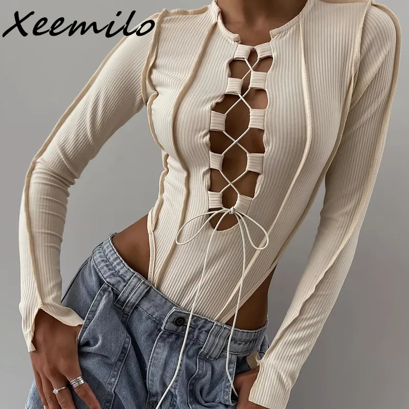 Xeemilo Collant sexy con fasciatura incrociata Collant a maniche lunghe a coste estetiche Collant da discoteca per donna Y2K 230330