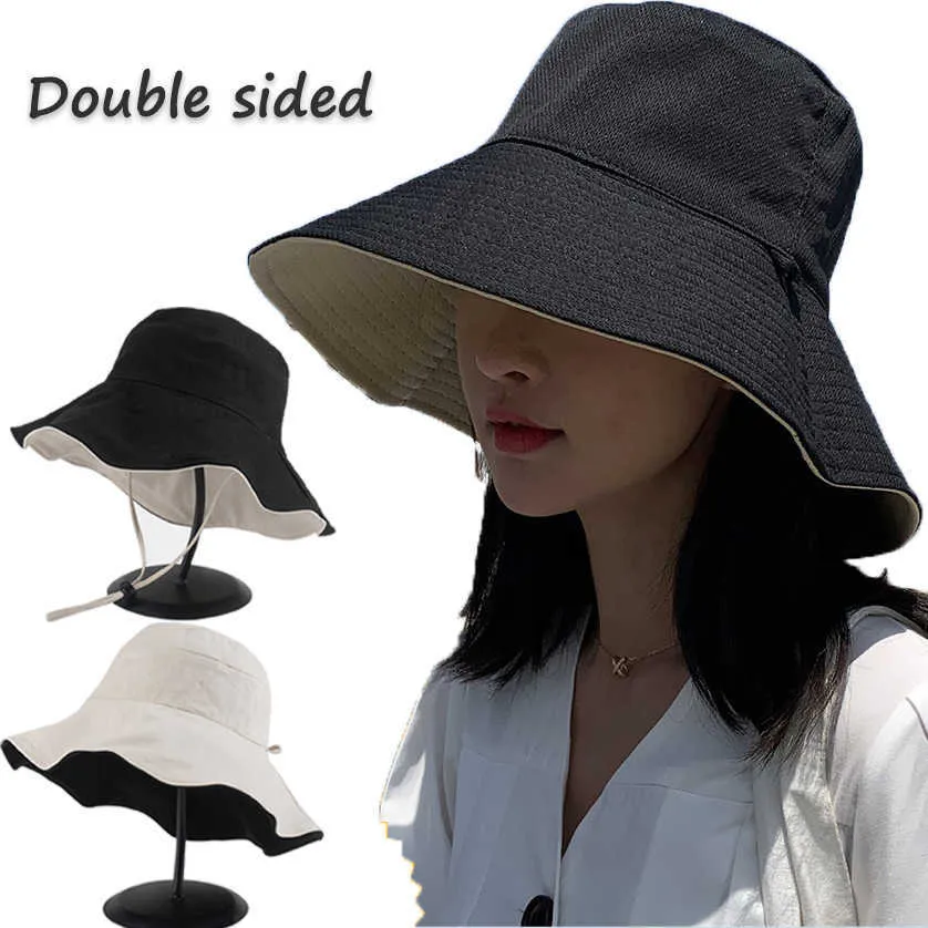 Secchio pieghevole a doppia facciale hbp per donne ragazze estate cappello da sole pescerman visor berretto anti-uv largo cappelli da sole brim cappelli di cotone p230327