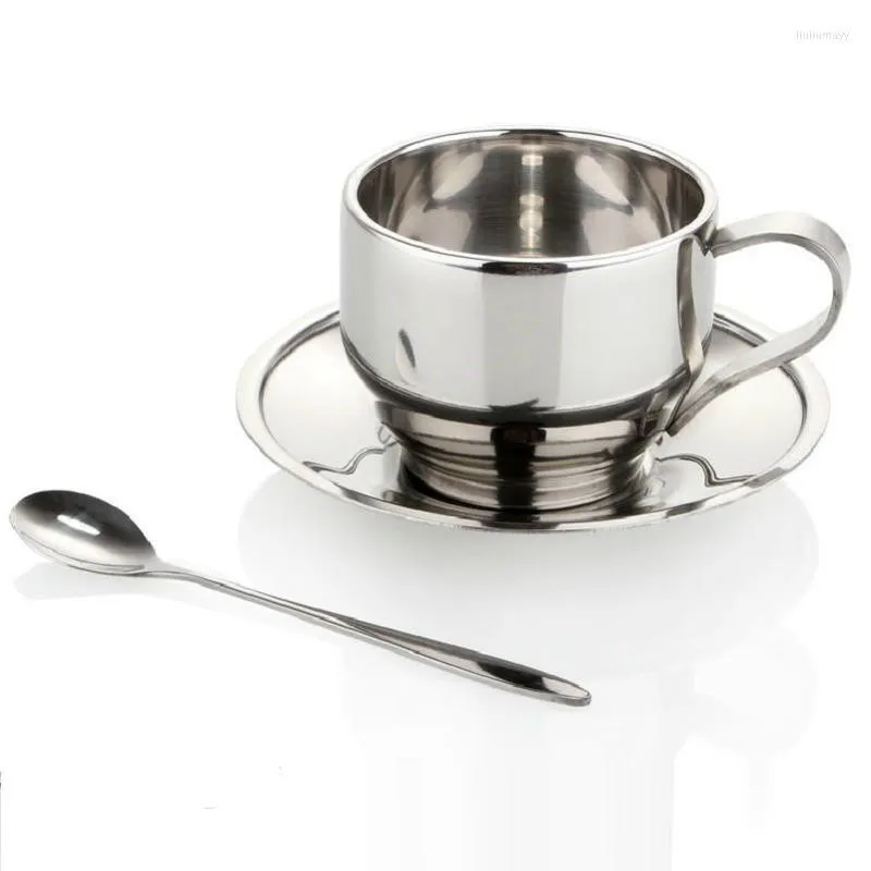 Cups Saucers Household 150ml Insulated Coffee&Tea Cup Double Wall 304 Stainless Steel Travel Handle Mugs With Spoon Dish Plate Saucer