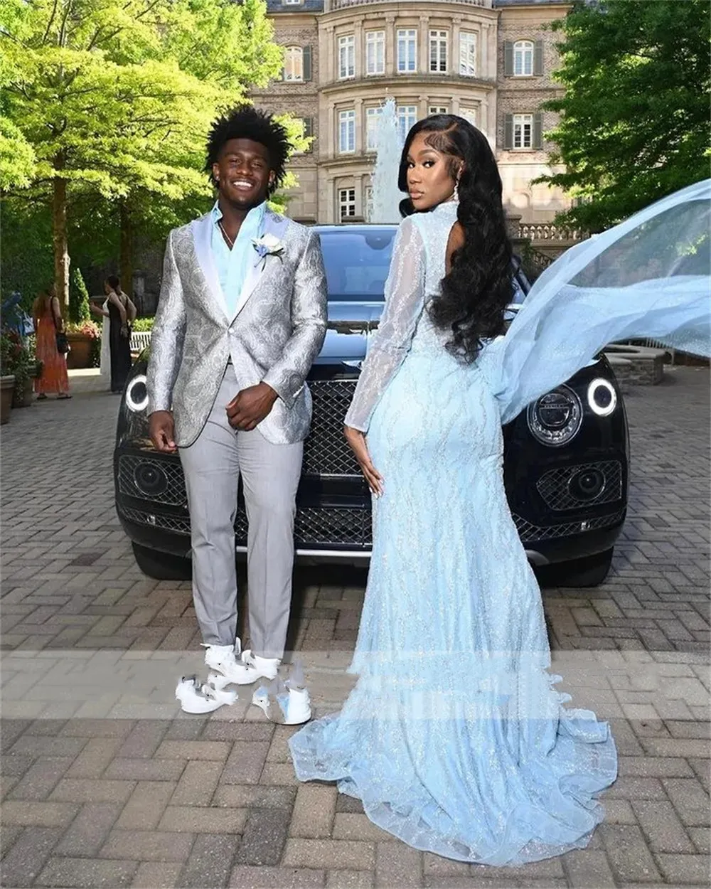 light blue couple dress Blue Light One Shoulder Beaded Mermaid prom dress fabric with Long Sleeves and Train for Black Girls