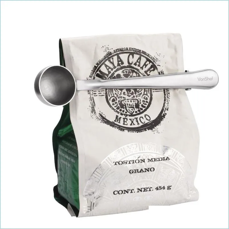 Kaffe te -verktyg rostfritt stål markmätning skopa sked med väska tätning klipp glass kök bra hjälpare droppleverans ho dhdw7