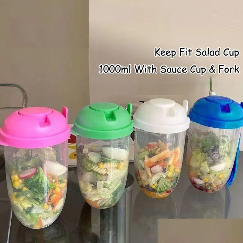 Food Savers Vorratsbehälter Salatbecher aus Kunststoff mit Deckel für das Mittagessen Carry To Go Flaschenförmiger Salatbehälter Gabel Saucenbecher Dro Dhwfe