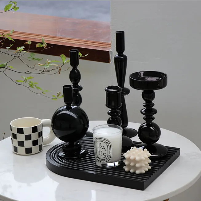 Planters Pots Creative Hydroponic Glass Black Candlestick Glass Vase Candle Stand Desktop Decor Home Decoration Art Nordic 230330