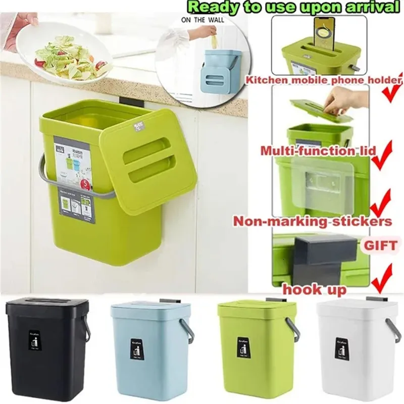 Afvalbakken Hangende vuilnisbakken in 4 kleuren met een deksel op de bodem voor keukenvoedselcompost Wall gemonteerde opbergbakken en 230329