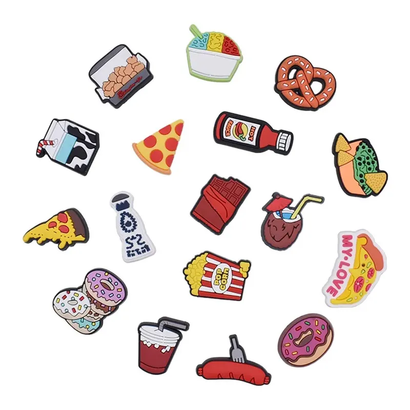 Anime charms all'ingrosso ricordi d'infanzia bevande divertenti tè al latte fast food regalo cartoon croc charms accessori scarpe decorazione in pvc fibbia in gomma morbida zoccoli charms