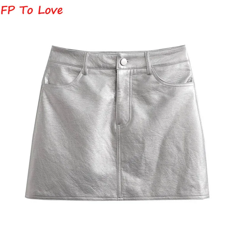 Юбки FP любить французский серебряный PU Mini Metallic Sexy High Thaist Hip Юбка шикарно Retro Short Aline Metal 230329