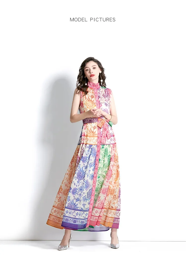 Rainbow Print Sweet Mock Neck Holiday Sleeveless dress - Sleeveless Waist Wrap Long