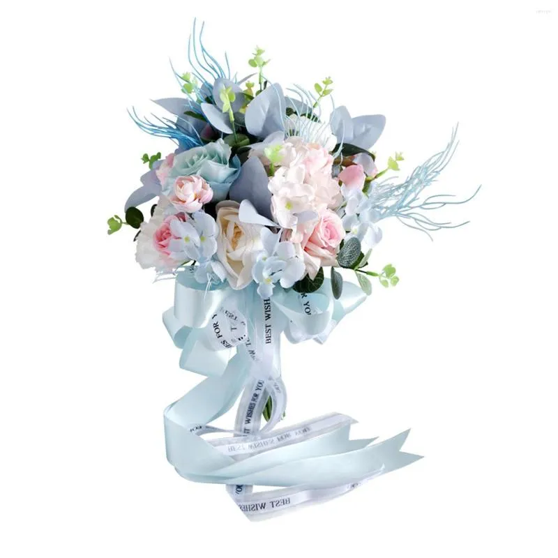 Dekorativa blommor Handgjorda bröllopsbrudar Buketter Brudhållare Bukett med silkband Faux för examensfestdekor