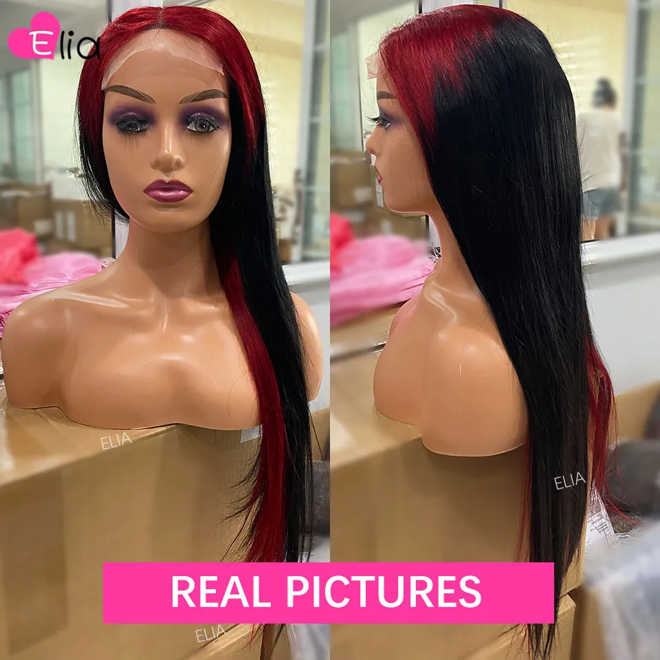 200Density Full 36inches Ombre Red Colored Brazilian Lace Front Wigs Straight Red Highlight Lace Frontal Wigs Synthetic For Women Preplucked