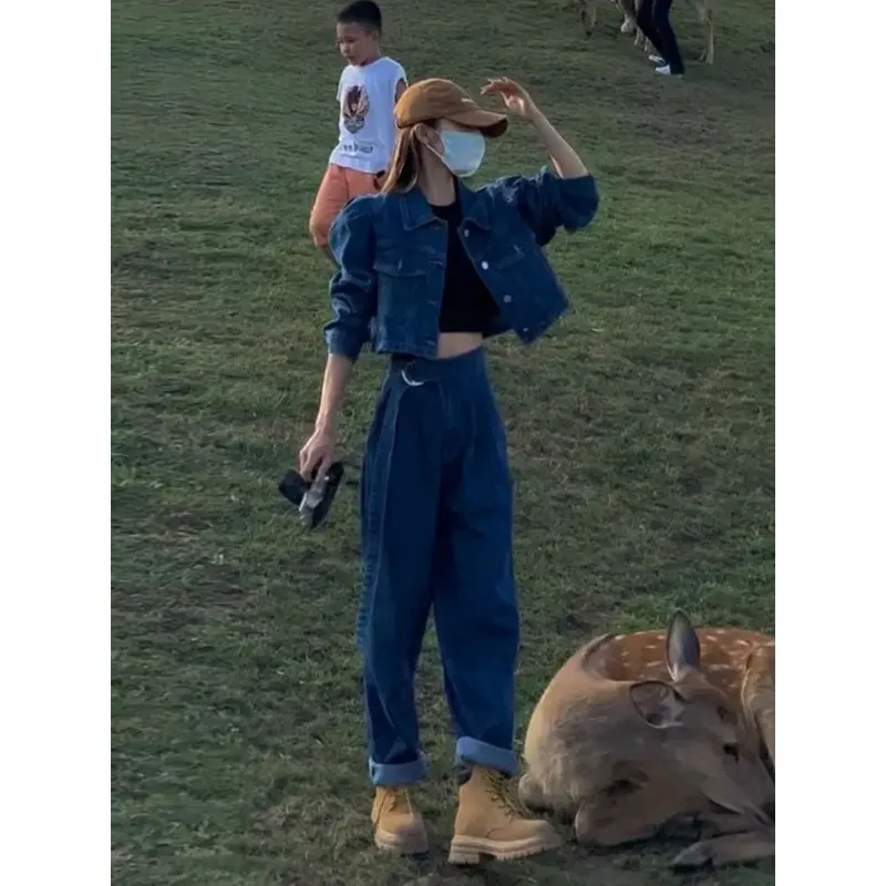 Vaqueros de mujer, traje de mezclilla a la moda, chaquetas cortas sólidas para mujer, trajes de pierna ancha, conjuntos de 2 pantalones holgados informales 2023, Chandal 230330