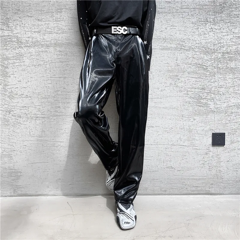 Men's Jeans British Style Net Trend Personality Streetwear Bright PU Leather Trousers Side Tight Waist Loose Casual Pants S2XL 230330