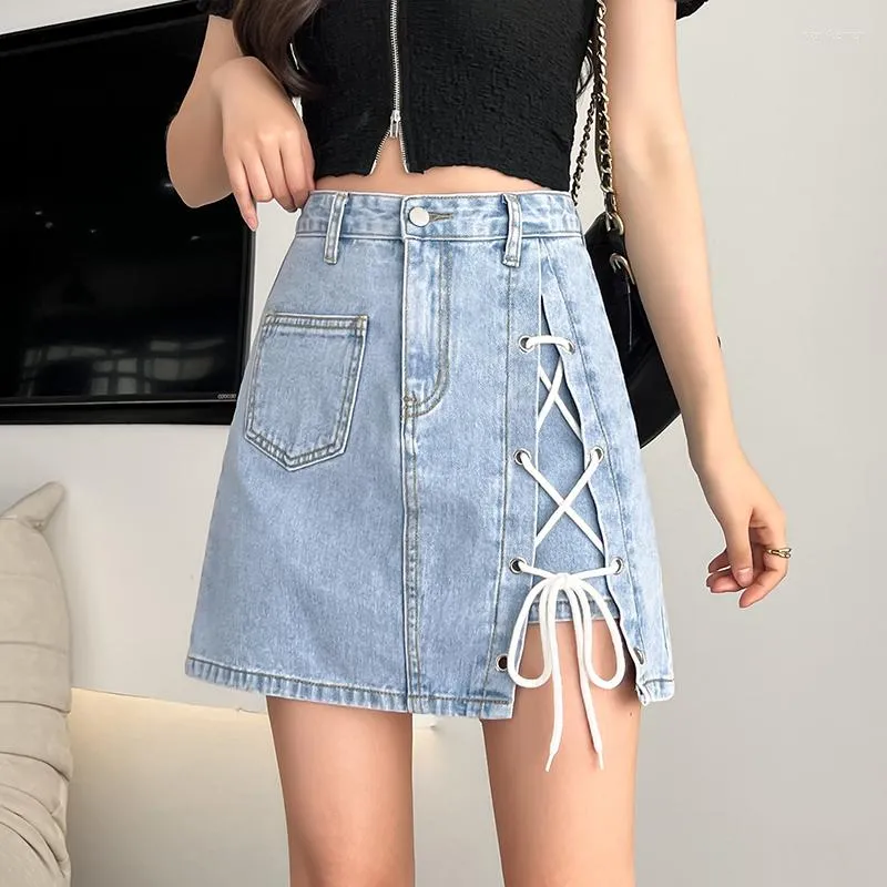 Jupes bleu Denim femmes à lacets nœud jean Shorts jupe Chic mince été Mini Vintage Streetwear a-ligne Sexy boutons M708